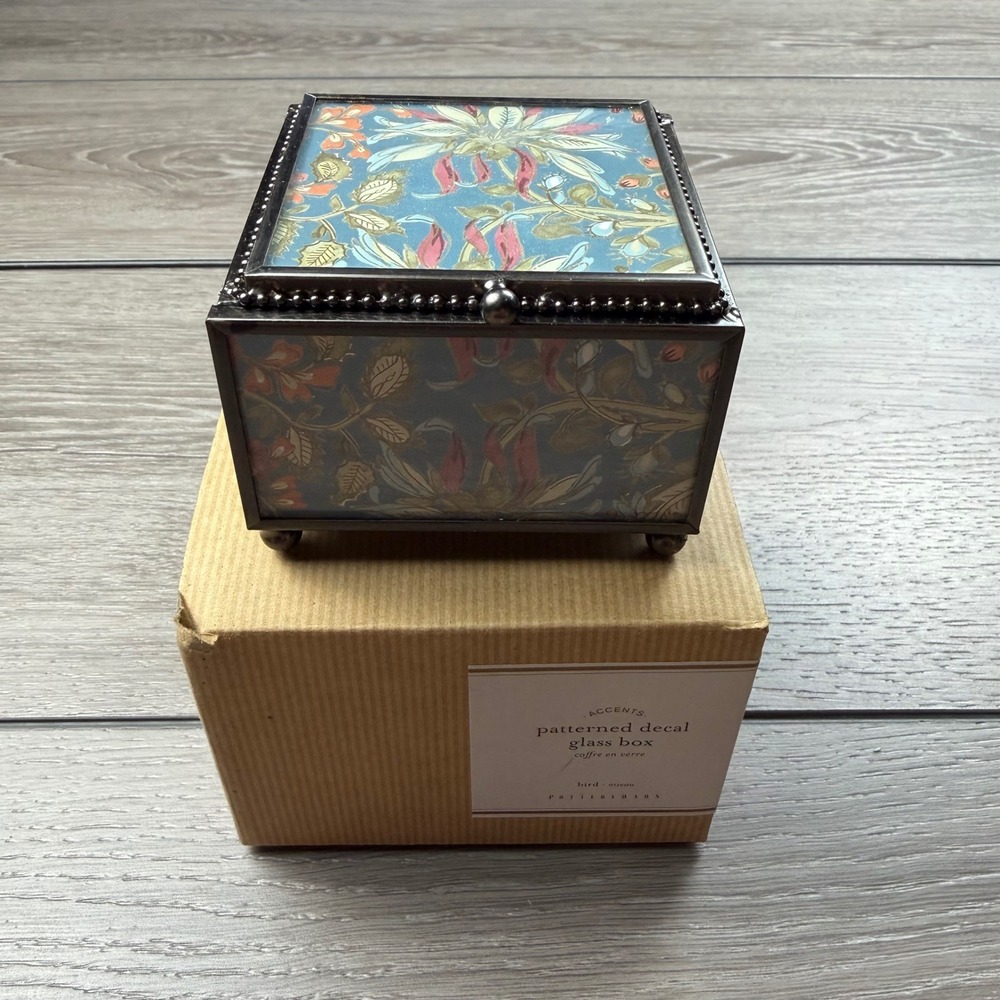 Pottery Barn Patterned Decal Glass Box Bird Floral Blue New